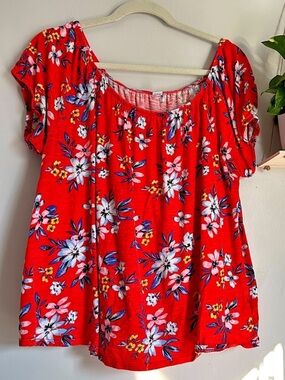 🩷GORGEOUS RED FLORAL OLD NAVY FLOWY STRETCHY SHORT SLEEVE BLOUSE SIZE XL